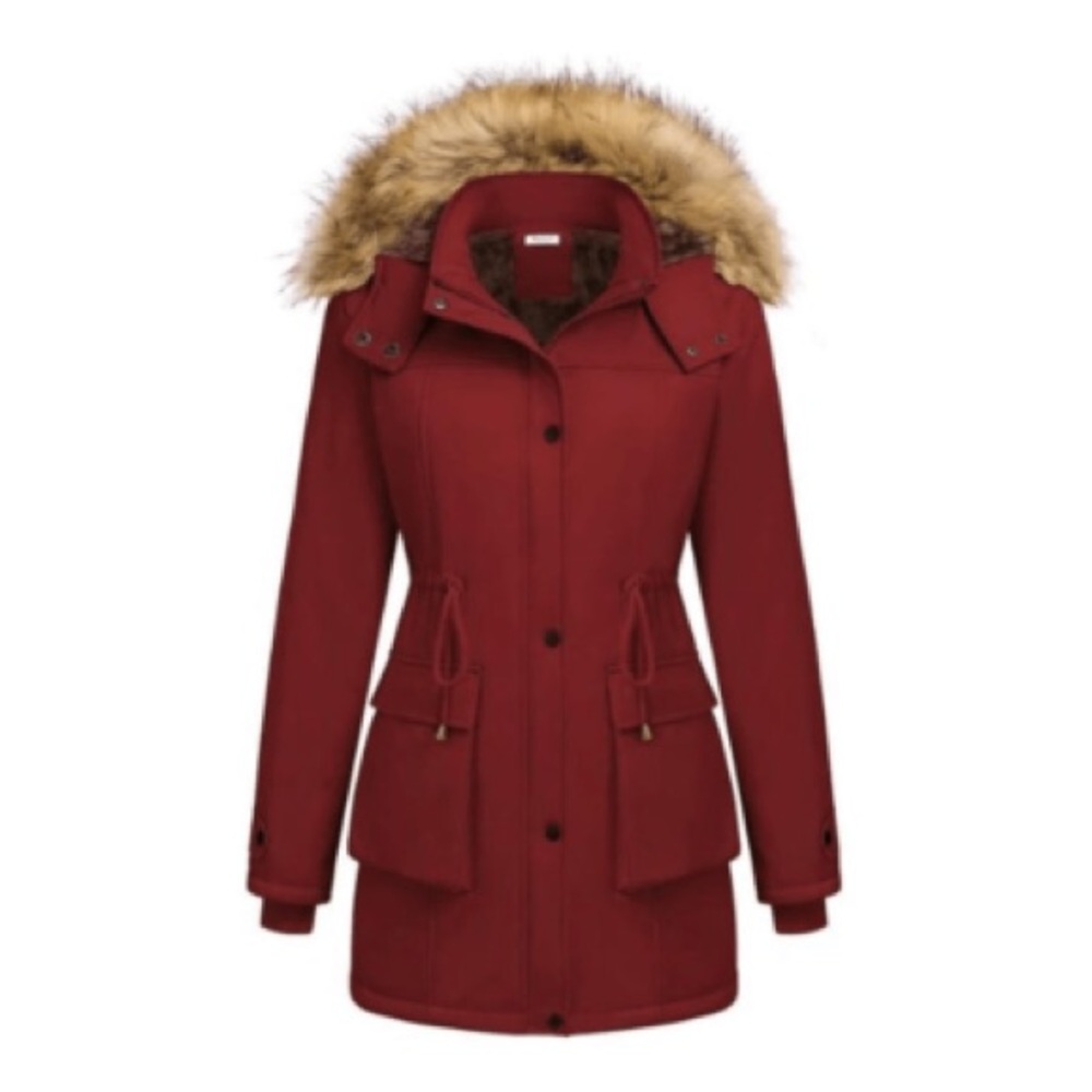 NWT Beyove Women's Burgandy Winter Jacket Removable Faux Fur Hood Size Med Coat